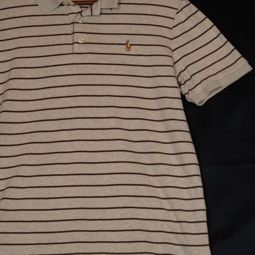 Polo Ralph Lauren Polo Shirt Mens M Beige Brown Striped Classic Fit Cotton